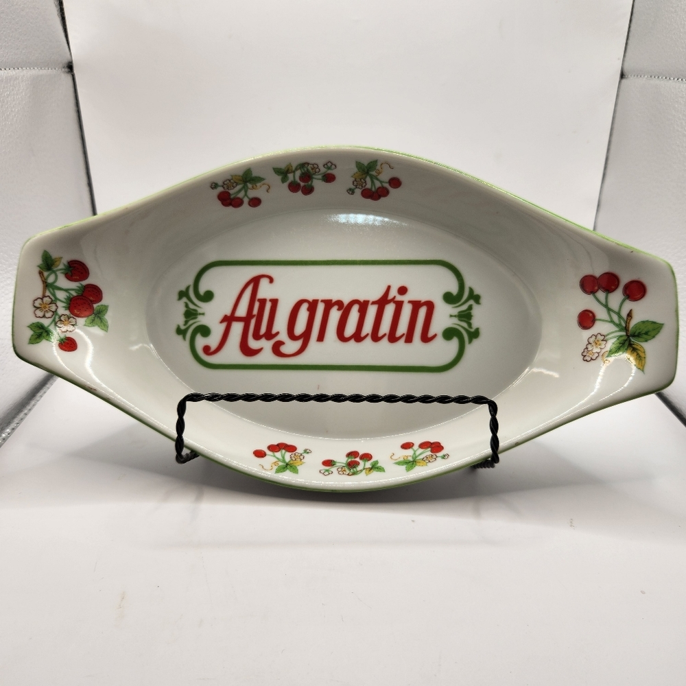 Vintage Cherries & Strawberries AuGratin Earthenware Oven to Table Baking Dish